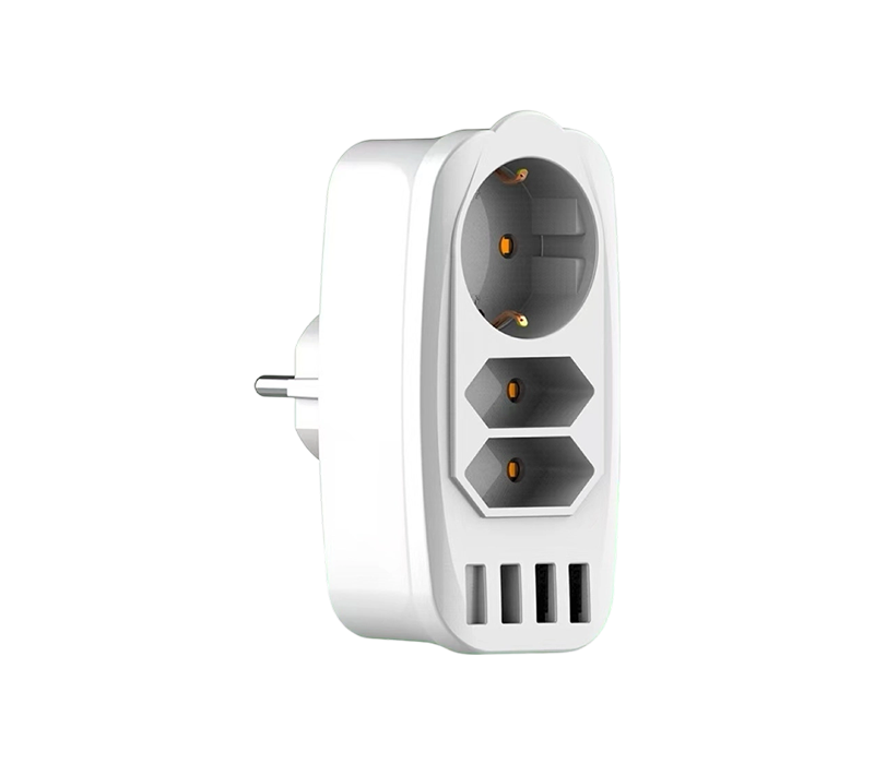 E05 Plug-in Multi-Function Power Strip Featuring 2 Europae Type C Sockets, I Europae Type F Socket, et IV USB-A Portus
