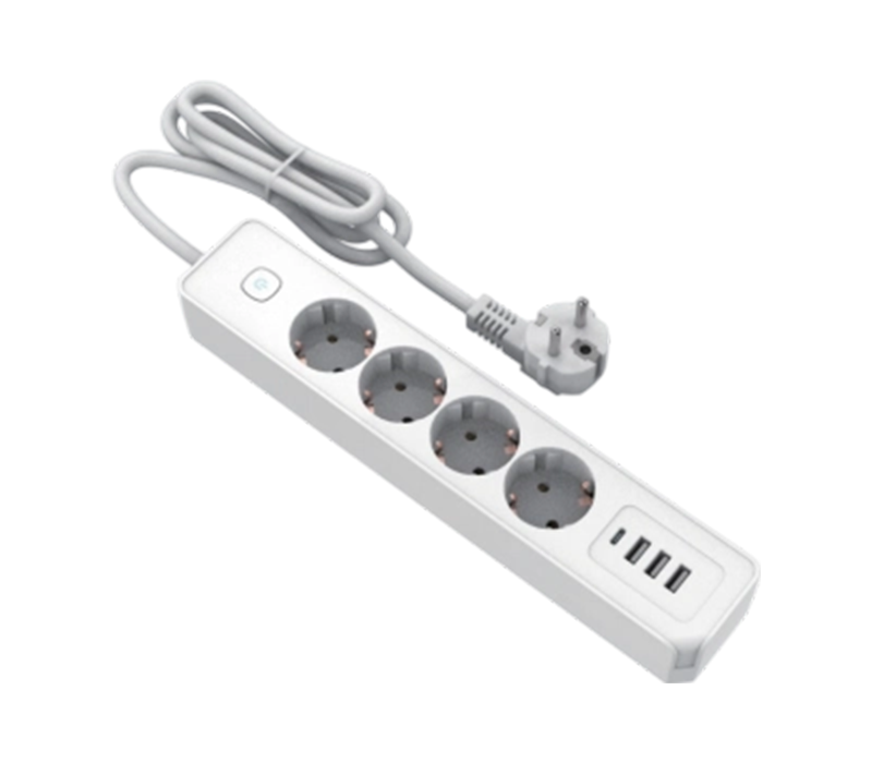 E21-4 Europae-Style Power exuite cum IV decursibus, III USB-A Portus, et I USB-C Portus, Switch Comprehendo