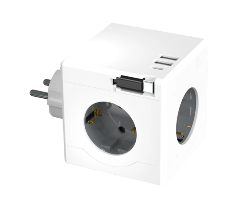 E15-D Plug-in Cube Power Strip with 3 European-Style Outlets, 2 USB-A Portus, and 1 USB-C Port, Featuring a Retractable Charging cable