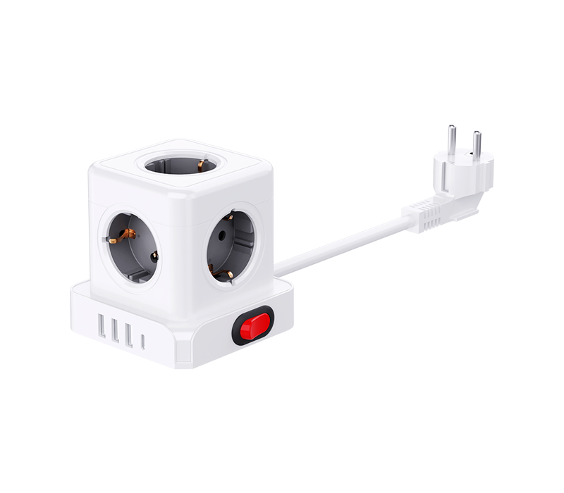 E23 Wired Cube Power habena Cum 5 Europae-Style decursibus, 3 USB-A Portus, et 1 USB-C Portus, Cum Switch