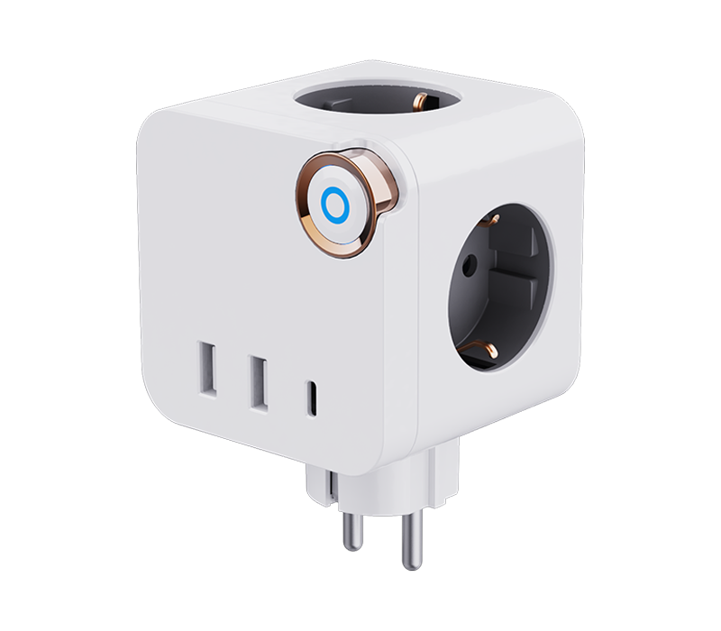 E19 Plug-In Cube Power Strip Cum 3 Europae Styli decursibus, 2 USB-A Portus, Et 1 USB-C Portus, Cum Switch